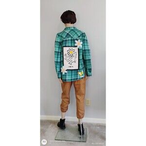 Custom Flannel Shirt Keith Haring Boho Daisies Flowers Shacket Green Plaid Art